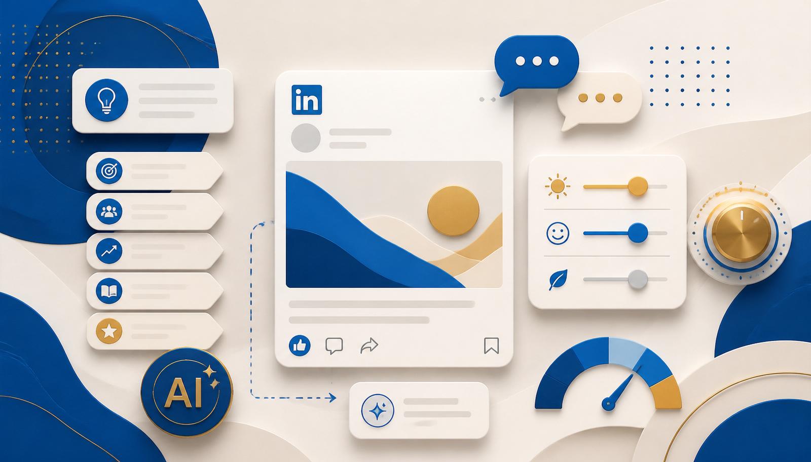 Editorial illustration of a LinkedIn post with topic tags and tone dials